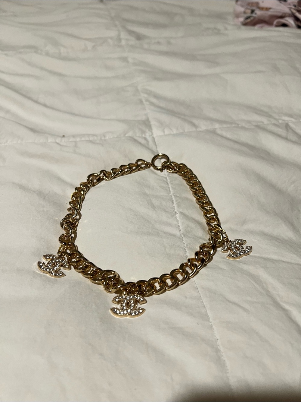 Gold Tone Chain necklace with Crystal Chanel Logo Charms